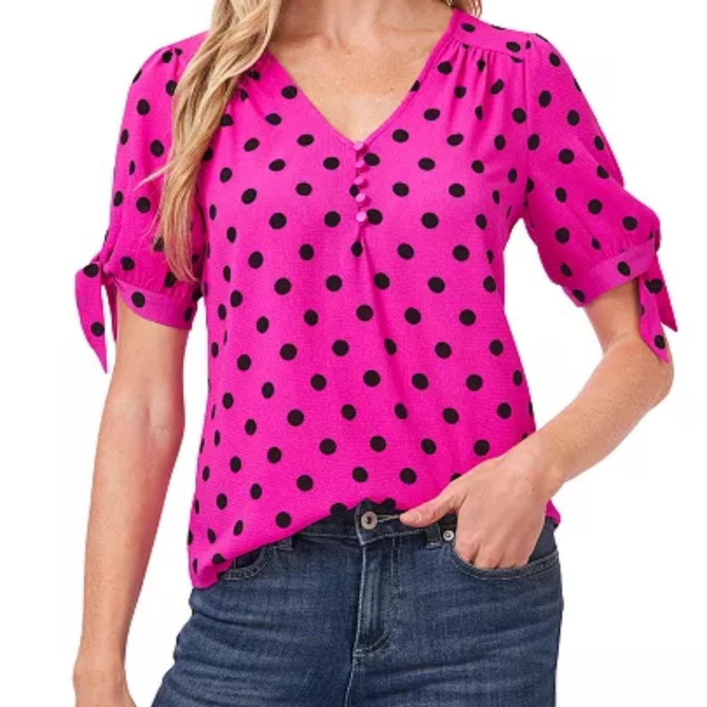 CeCe Hot Pink Women's Disco Dot Tie-Sleeve Short Sleeve Blouse size XL